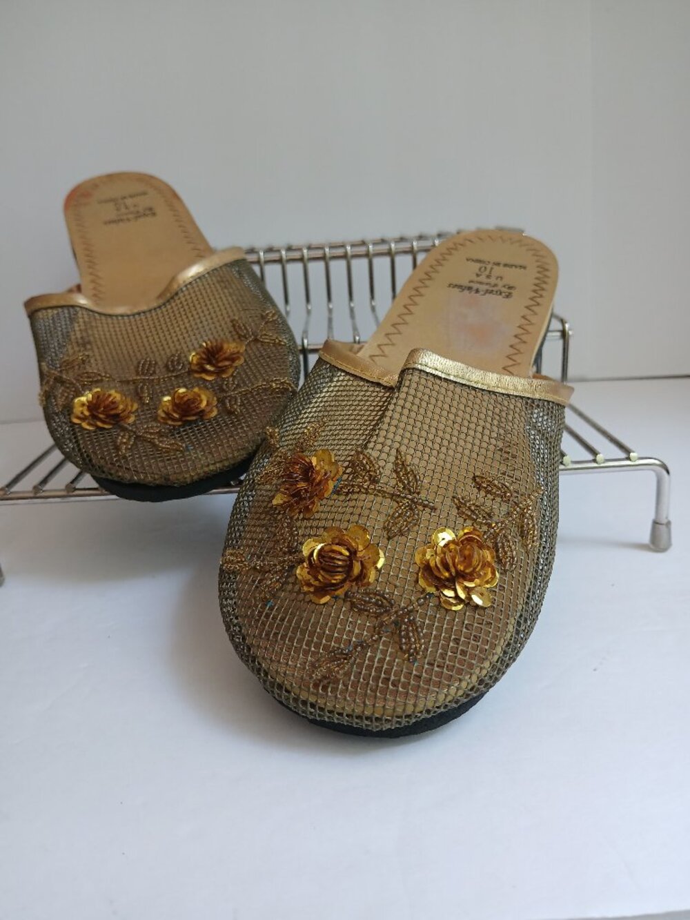 VintageY2K Authentic Chinese Slippers GoldMesh Beads &Raised Sequin Flowers Sz10
